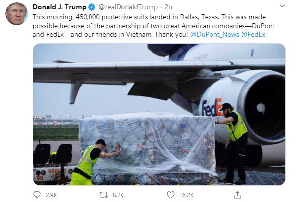 Tổng thống Trump đăng lời cảm ơn Việt Nam hợp tác với Mỹ chống dịch COVID-19